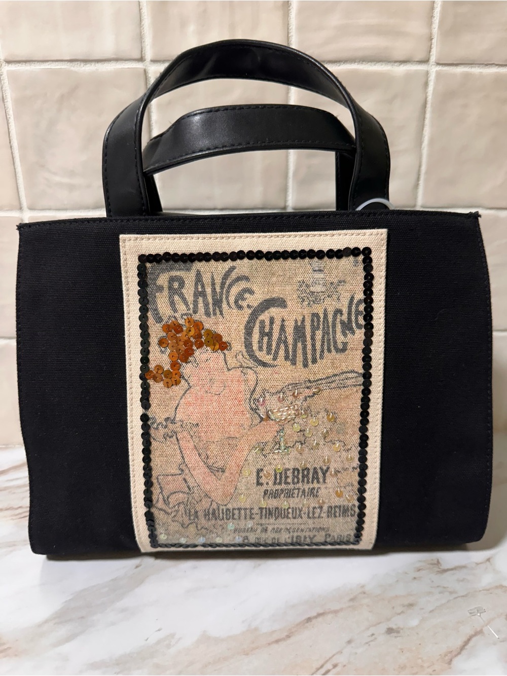 Art Nouveau France-Champagne Pierre Bonnard Inspired Embellished Black Tote Bag